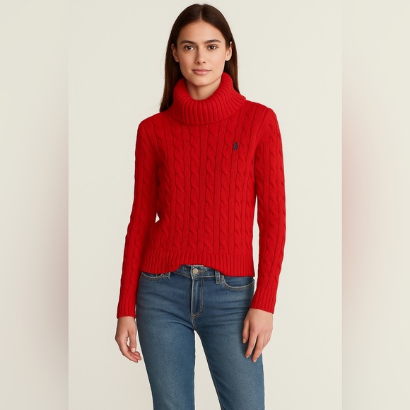 Ralph Lauren Women’s Large Red Cable Knit Shawl Cowl Neck Cotton Preppy Sweater - Picture 1 of 7